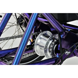 Electric trike for adults with rear hub motor and chain drive system designed for stable and comfortable riding