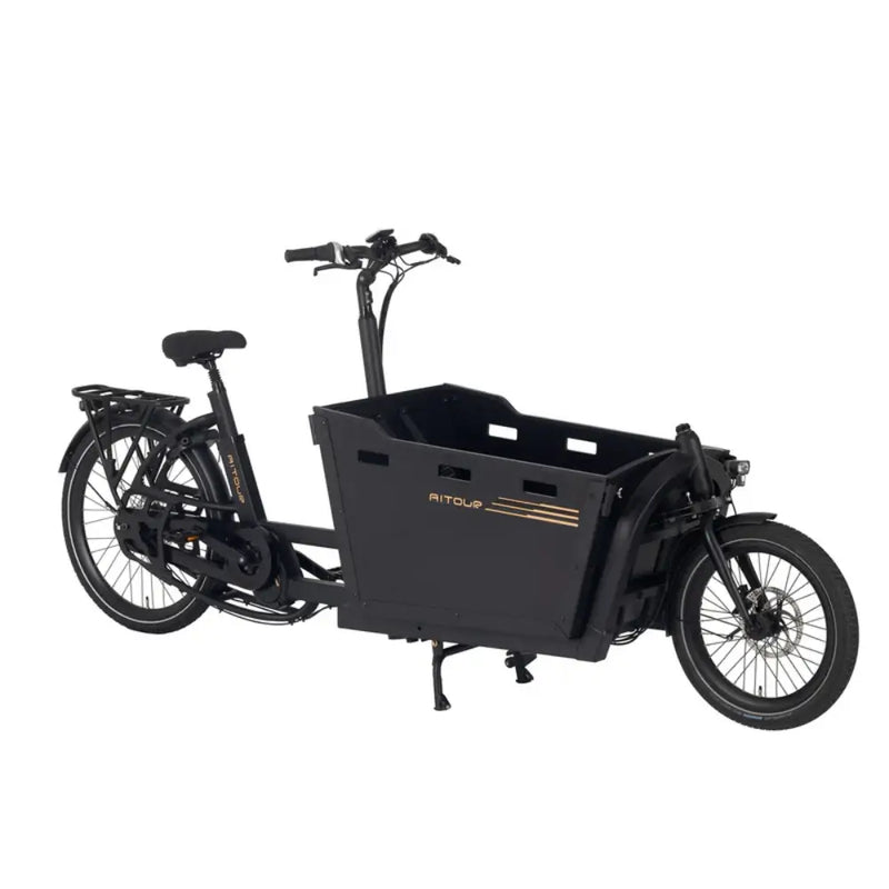 Three-quarter view of the Aitour Basalt 250W cargo e-bike highlighting the large cargo box.