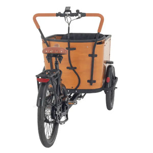 Rear view of the Aitour Family C electric cargo trike featuring a curved orange wooden box, black frame, and stable three-wheel configuration.