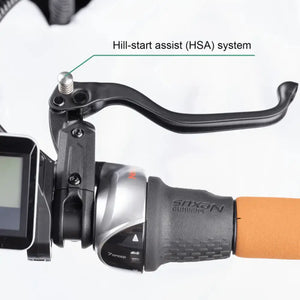 Close-up of the handlebar controls on the Aitour Family C, featuring the ergonomic brake lever with an integrated parking brake and hill-start assist (HSA) system for safety.