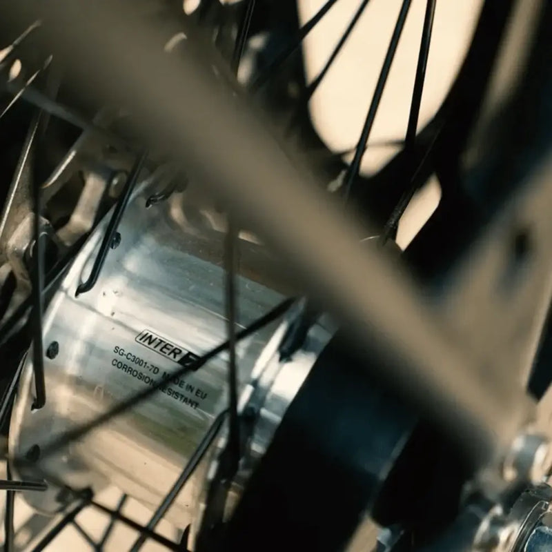 Detail shot of the Shimano Nexus Inter-7 internal gear hub on the Aitour electric cargo bike, highlighting the low-maintenance and corrosion-resistant gearing system.
