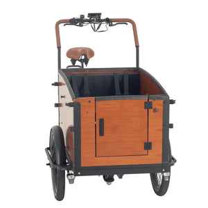 Front view of the Aitour Family S electric cargo bike featuring a square wooden cargo box with a convenient front-loading door for passengers or pets.