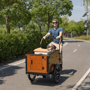 A man riding the Aitour Family S electric cargo trike along a paved park path, demonstrating the bike's stability and cargo carrying capacity.
