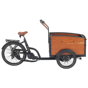 Full side profile of the black Aitour Family S electric cargo bike, displaying the step-through frame, battery position, and square front cargo box.