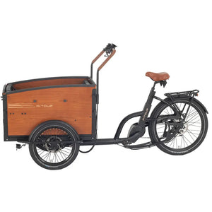 Full side profile of the black Aitour Family S electric cargo bike, displaying the step-through frame, battery position, and square front cargo box.