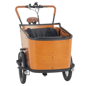 Front view of the Aitour Family C electric cargo bike, featuring a spacious wooden cargo box with three-wheel stability, black frame, and brown leather handlebar grips.
