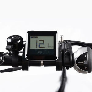 Close-up of the handlebar-mounted LCD display on the Aitour electric cargo bike, showing speed (12.1 km/h), battery level, and pedal assist settings.