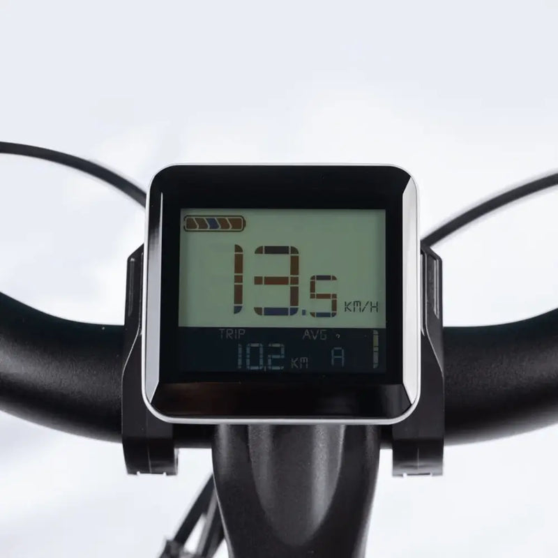 Digital LCD display of the Aitour Electric Cargo Bike Starter 250W showing speed, battery level, and trip data.