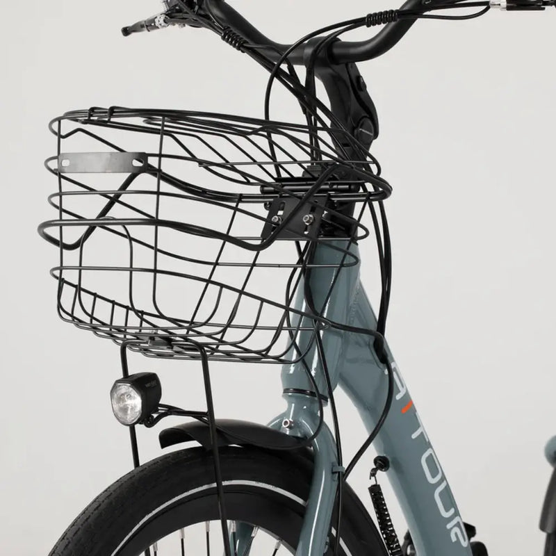 Front view of the Aitour Heal Middle Electric Trike showing the wire basket and front light.