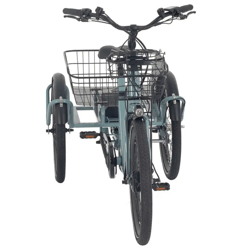 Front view of the Aitour Heal Middle Electric Trike 250W with dual rear baskets and front basket for carrying goods.