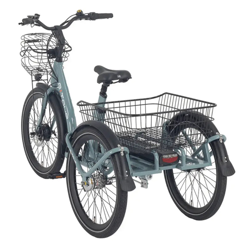 Rear angle of the Aitour Heal Middle electric trike 250W highlighting the spacious rear cargo basket and sturdy three-wheel construction.