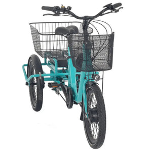 Front view of the Aitour Heal Mini Folding Electric Trike 250W in blue, featuring a front basket and three-wheel design for stability.