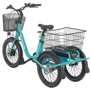 Rear angle of the Aitour Heal Mini folding electric trike highlighting the spacious rear cargo basket and dual wheel stability.