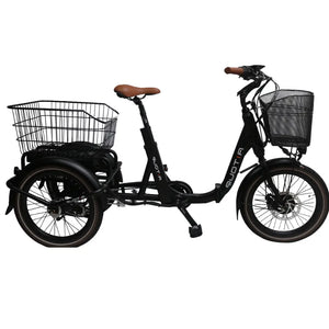 Side view of the Aitour Heal Mini folding electric trike 250W in black with front and rear baskets.