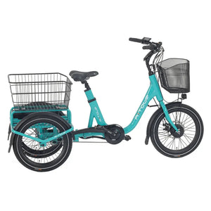 Side view of the Aitour Heal Mini folding electric trike 250W in blue with front and rear baskets.