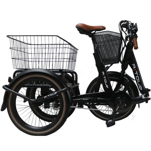 Side view of the Aitour Heal Mini Folding Electric Trike 250W in black, highlighting the rear cargo basket and compact frame.