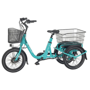 Side view of the Aitour Heal Mini folding electric trike 250W in black with front and rear baskets.