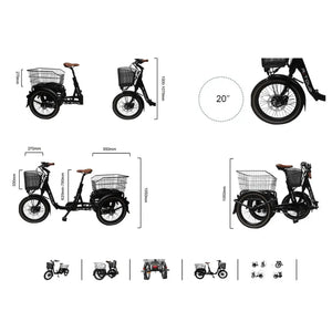 Size chart and dimensions of the Aitour Heal Mini folding electric trike 250W.