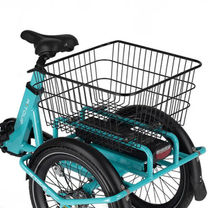 Rear view of the Aitour Heal Mini trike showing large cargo basket and dual rear wheels.