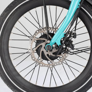 Close-up of the front disc brake on the Aitour Heal Mini folding electric trike.