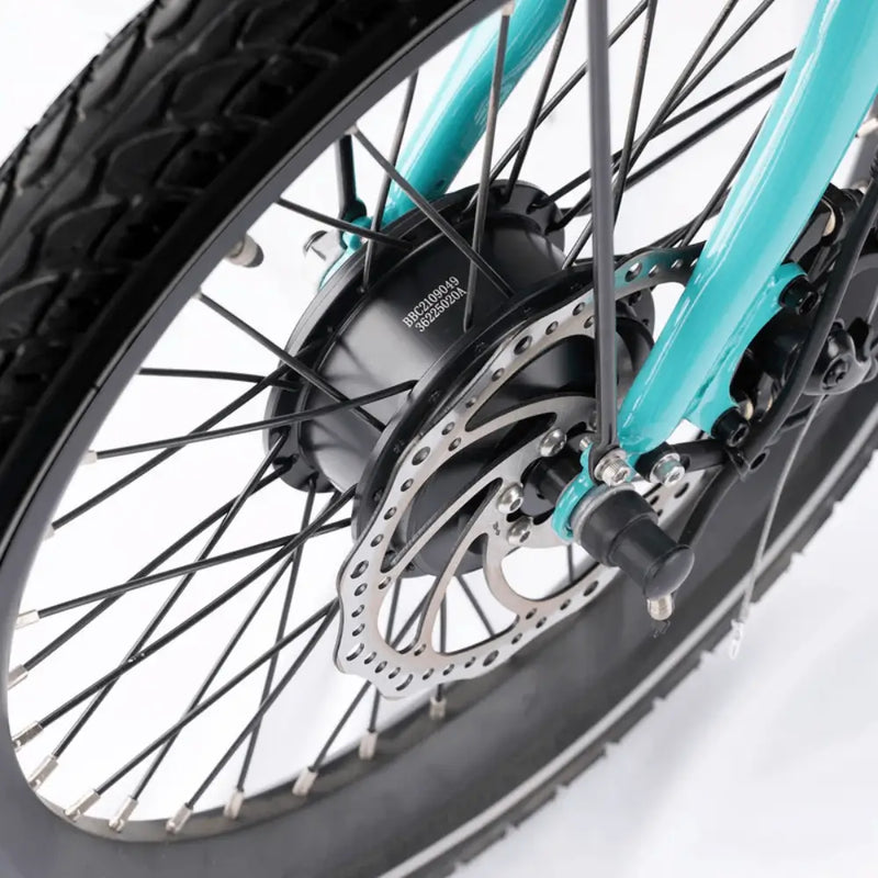 Motor detail of the Aitour Heal Mini folding electric trike with sturdy wheel design.