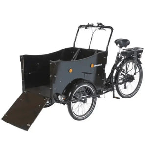 Amcargobikes Curve electric cargo bike featuring a drop-down front ramp for easy dog and pet access.