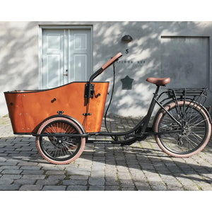 Full side profile of the Ultimate Harmony cargo e-bike, showing the step-through frame design, curved wooden box, and upright seating position suited for family transport.