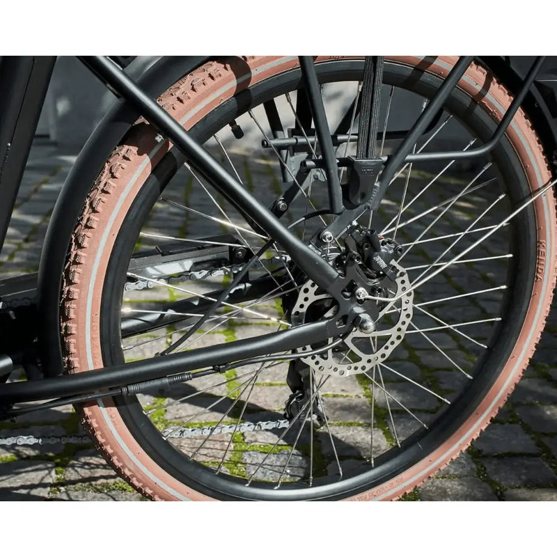 Detail shot of the rear wheel on the Ultimate Harmony cargo bike, highlighting the hydraulic disc brake system and 7-speed derailleur for reliable stopping power and gear shifting.