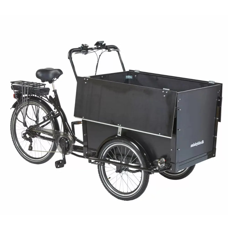 Side view of the Amcargobikes Workman 2 showing the large front cargo box with the lid open for easy loading.