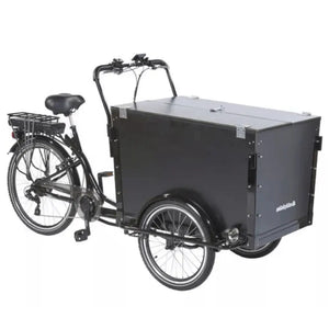 The spacious Amcargobikes Workman cargo bike, designed for tools, deliveries, and commercial goods.