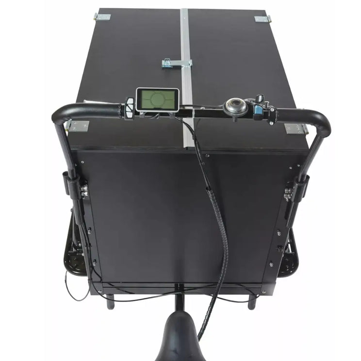 Top view of the Amcargobikes Workman cargo box with the secure lockable lid closed for weather-proof transport.