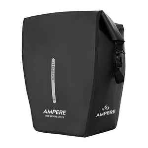 Ampere 25L waterproof pannier bag in black with roll top closure and Ampere branding on a white background