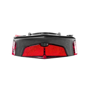 Integrated rear red LED tail light and reflector on the Ampere Alter battery pack.