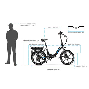 Diagram showing frame dimensions, rider height guide, and geometry for the Ampere Alter.