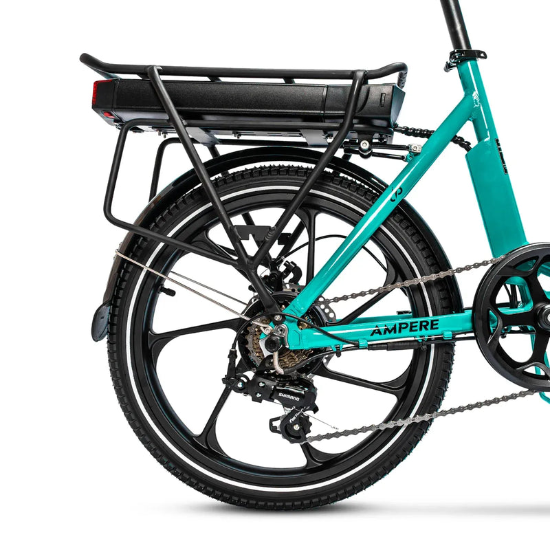 Rear hub motor, battery pack, and pannier rack on the Ampere Alter folding bike.