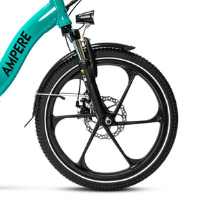 Front wheel with mag rim and suspension fork detail on the green Ampere Alter electric bike.