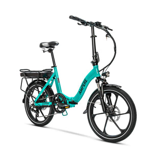 Angled side profile of the green Ampere Alter low step folding electric bike.