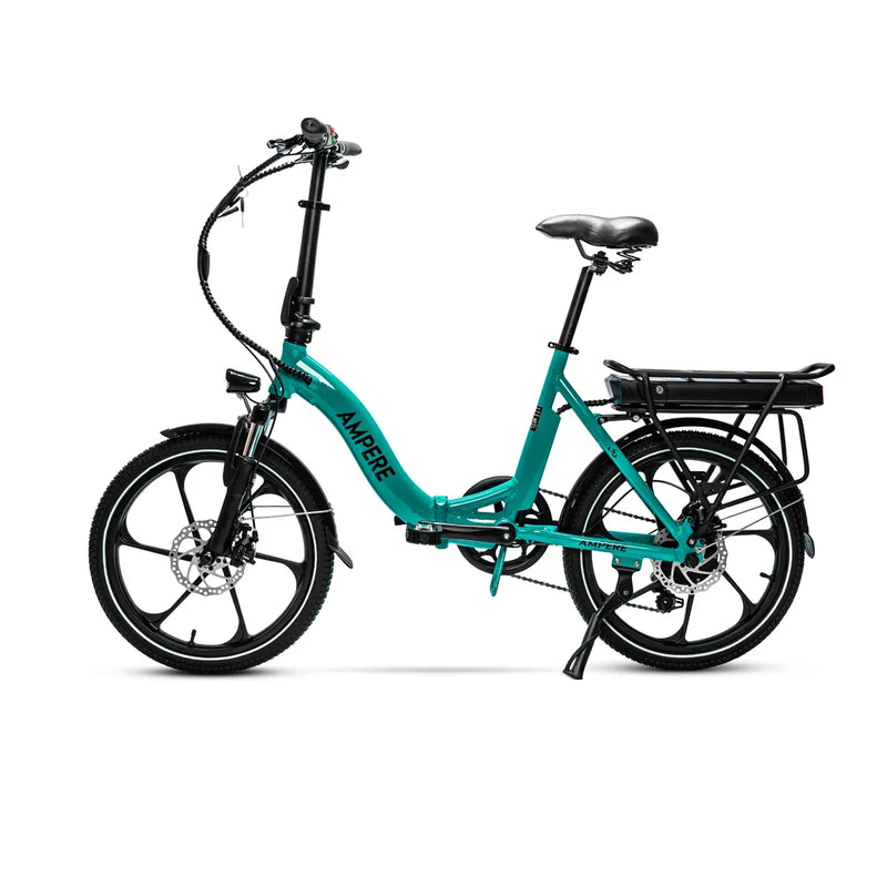 Full side profile of the green Ampere Alter low step folding electric bike.