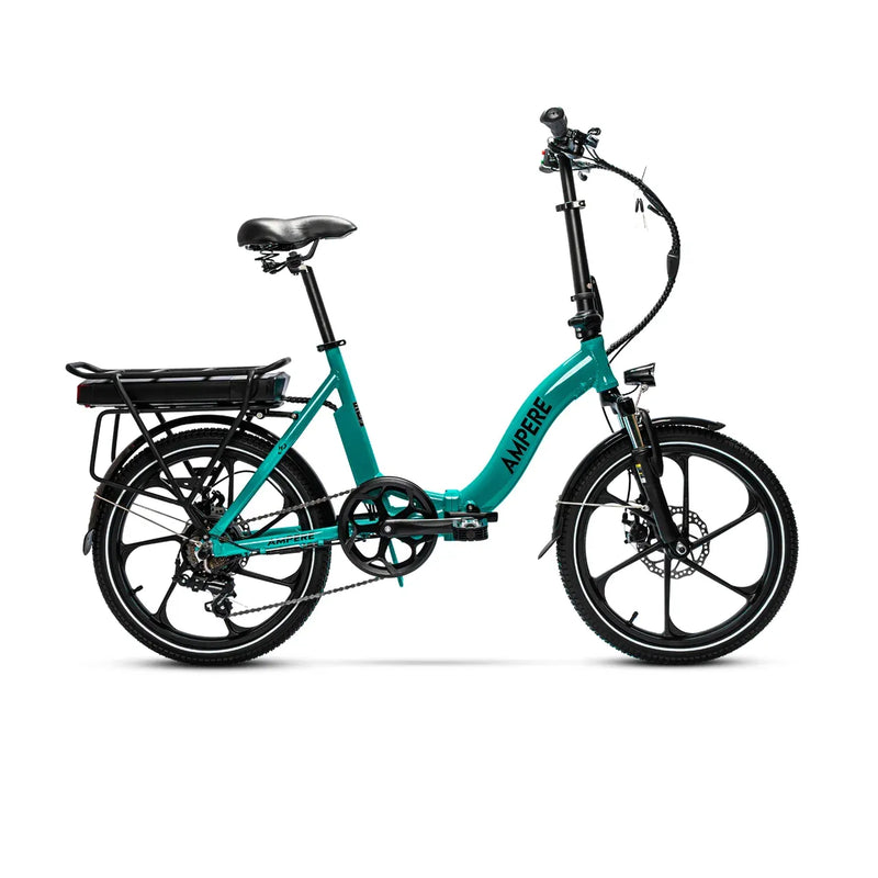Full side profile of the green Ampere Alter low step folding electric bike.