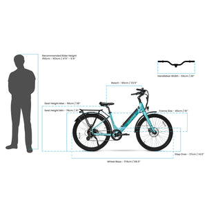 Diagram showing frame dimensions, rider height guide, and geometry for the Ampere Deluxe 26" E-bike.