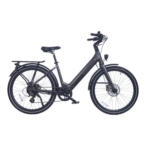 Ampere Deluxe step-through electric city bike in grey shown in full left side profile with rear rack.