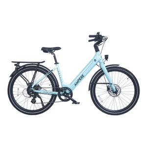 Ampere Deluxe step-through electric city bike in light blue shown in full left side profile with rear rack.