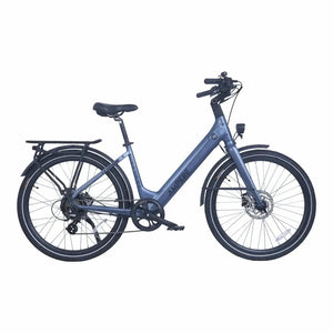 Ampere Deluxe step-through electric city bike in stone blue shown in full left side profile with rear rack.