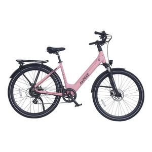 Ampere Deluxe 700c step-through electric city bike in pink shown in full left side profile with rear rack.