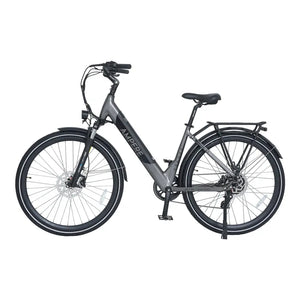 Ampere Deluxe step-through electric city bike in grey shown in full side profile with rear rack and deployed kickstand.
