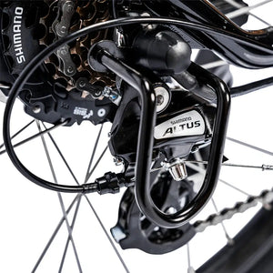 Close-up of the Shimano Altus rear derailleur and cassette with derailleur guard on the Ampere Deluxe.