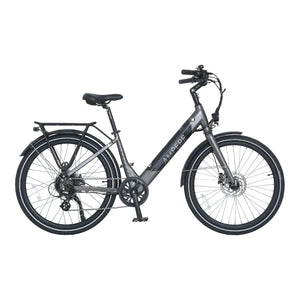 Full side profile of the dark grey Ampere Deluxe Step Through Hybrid Electric Bike 250W.