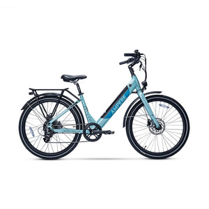 Full side profile of the light blue Ampere Deluxe Step Through Hybrid Electric Bike 250W.