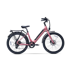 Full side profile of the pink Ampere Deluxe Step Through Hybrid Electric Bike 250W.