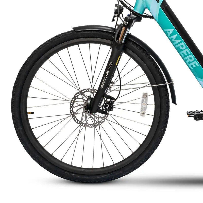 Front wheel and SR Suntour suspension fork on the Ampere Deluxe hybrid electric bike.